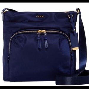 Tumi Voyageur Crossbody Bag NAVY with gold hardware